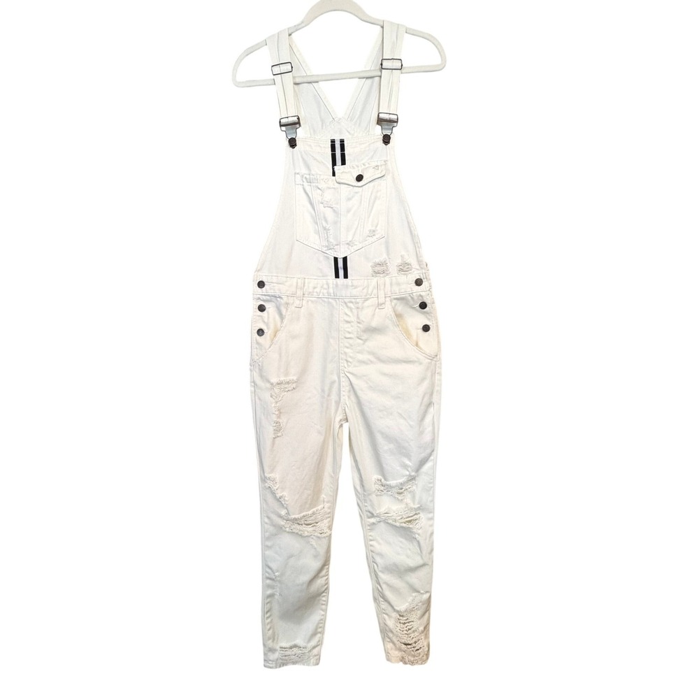 White Summer Distressed Denim Overalls Womens XS Boho Casual Coastal Clean Girl - Picture 2 of 13